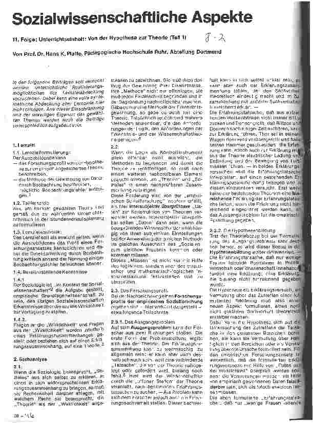 Vorschauseite 1: Sozialwissenschaftliche Aspekte 11. Folge: Unterrichtseinheit: Von der Hypothese zur Theorie (Teil I)