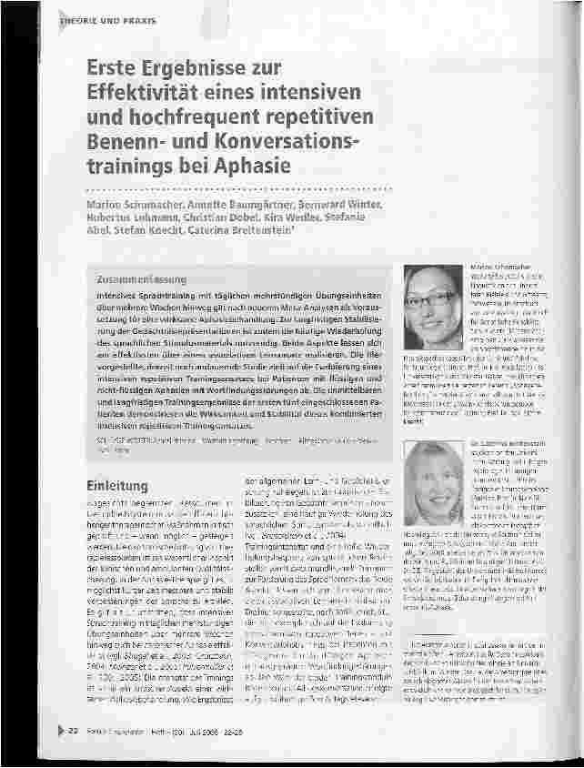 Vorschauseite 1: Erste Ergebnisse zur Effektivität eines intensiven und hochfrequent repetitiven Benennund Konversationstrainings bei Aphasie