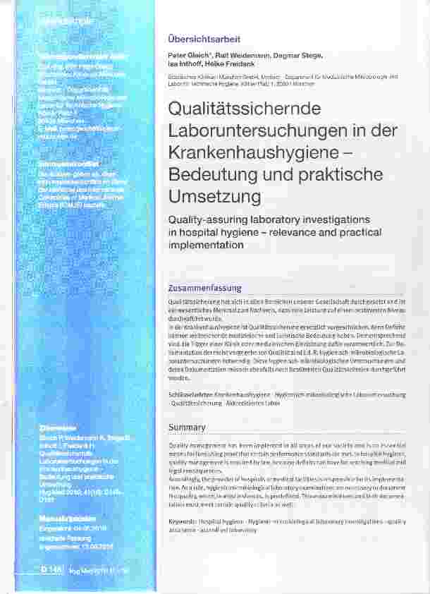 Vorschauseite 1: Qualitätssichernde Laboruntersuchungen in der Krankenhaushygiene - Bedeutung und praktische Umsetzung