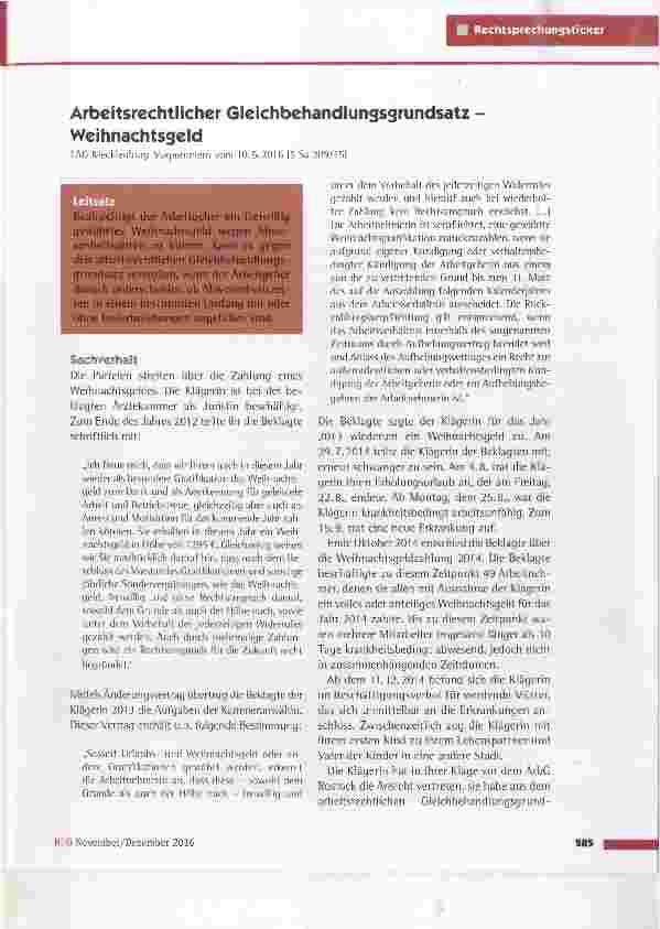 Vorschauseite 1: Arbeitsrechtlicher Gleichbehandlungssrundsatz Weihnachtsgeld