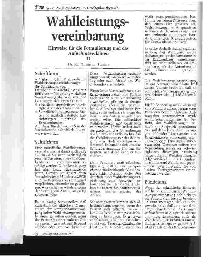 Vorschauseite 1: Wahlleistungsvereinbarung Hinweise für die Formulierung und das Aufnahmeverfahren