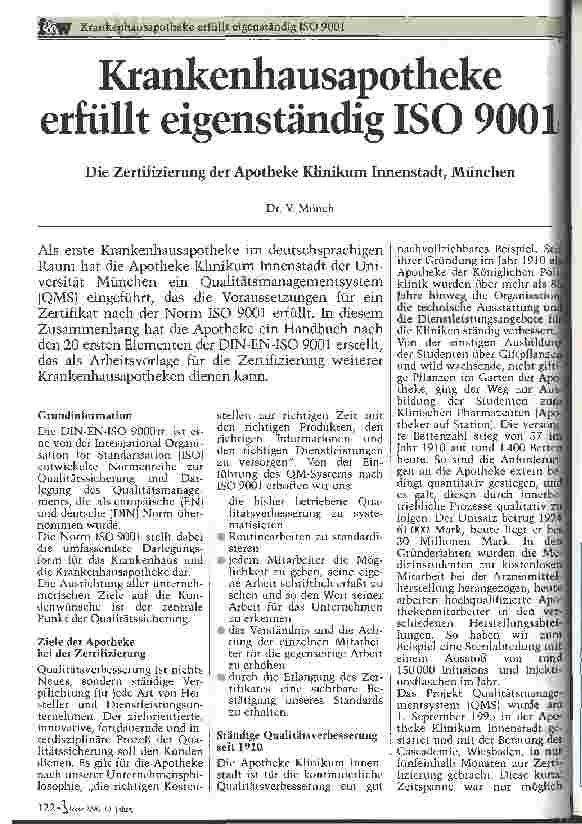 Vorschauseite 1: Krankenhausapotheke erfüllt eigenständig ISO 9001 Die Zertifizierung der Apotheke Klinikum Innenstadt, München