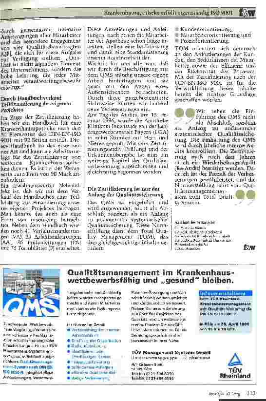 Vorschauseite 2: Krankenhausapotheke erfüllt eigenständig ISO 9001 Die Zertifizierung der Apotheke Klinikum Innenstadt, München