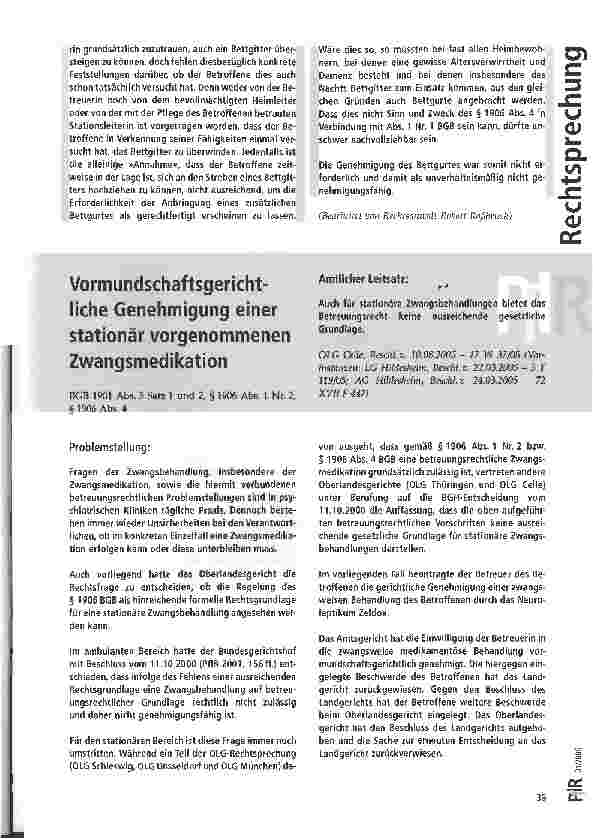 Vorschauseite 1: Vormundschaftsgerichtliche Genehmigung einer stationär vorgenommenen Zwangsmedikation