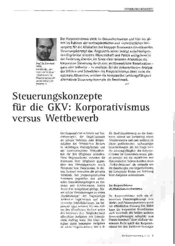 Vorschauseite 1: Steuerungskonzepte für die GKV: Korporativismusversus Wettbewerb
