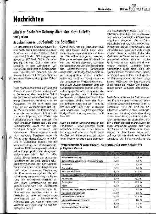 Vorschauseite 1: Minister Seehofer: Beitragssätze sind nicht beliebig steigerbar Krankenhäuser außerhalb der Schußlinie