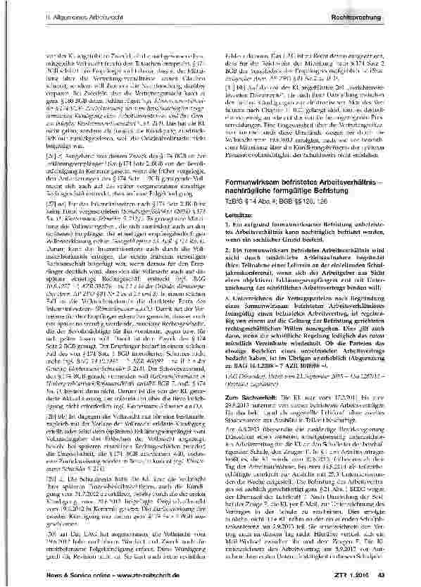 Vorschauseite 1: Formunwirksam befristetes Arbeitsverhältnis -nachträgliche formgültige BefristungTzBfG §14 Abs. 4; BGB §§125, 126