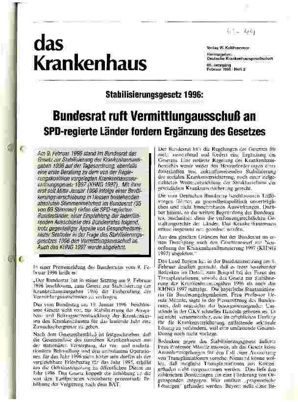 Vorschauseite 1: Bundesrat ruft Vermittlungsausschuß an SPD-regierte Länder fordern Ergänzung des Gesetzes