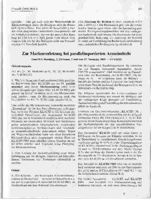Vorschauseite 1: Zur Markenverletzung bei parallelimportierten Arzneimitteln