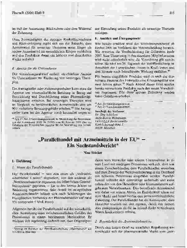 Vorschauseite 1: Parallelhandel mit Arzneimitteln in der EU - Ein Sachstandsbericht