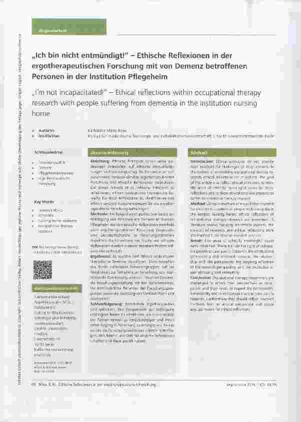 Vorschauseite 1: „Ich bin nicht entmündigt! Ethische Reflexionen in der ergotherapeutischen Forschung mit von Demenz betroffenen Personen in der Institution Pflegeheim