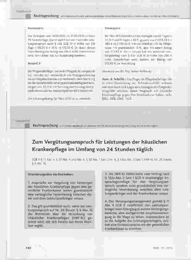 Vorschauseite 1: Zum Vergütungsanspruch für Leistungen der häuslichen Krankenpflege im Umfang von 24 Stunden täglich
