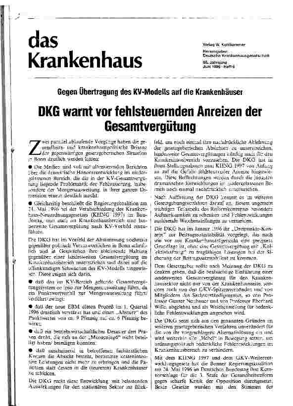 Vorschauseite 1: DKG warnt vor fehlsteuernden Anreizen der Gesamtvergütung