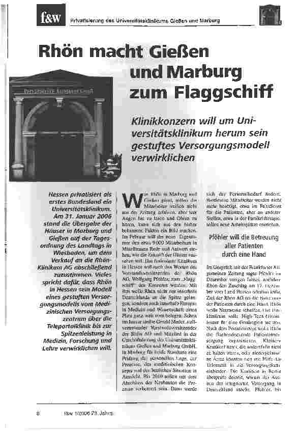 Vorschauseite 1: Rhön macht Gießen und Marburg zum FlaggschiffKlinikkonzem will um Universitätsklinikum herum sein gestuftes Versorgungsmodell verwirklichen