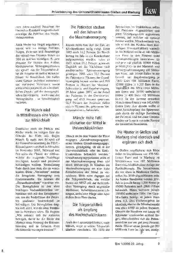 Vorschauseite 2: Rhön macht Gießen und Marburg zum FlaggschiffKlinikkonzem will um Universitätsklinikum herum sein gestuftes Versorgungsmodell verwirklichen