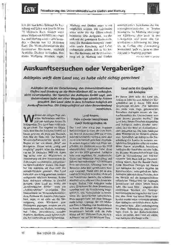 Vorschauseite 3: Rhön macht Gießen und Marburg zum FlaggschiffKlinikkonzem will um Universitätsklinikum herum sein gestuftes Versorgungsmodell verwirklichen