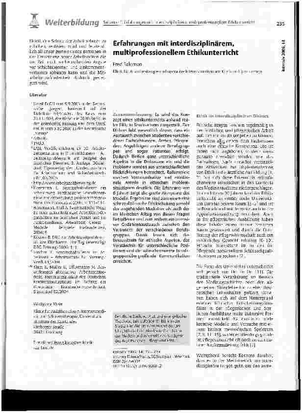 Vorschauseite 1: Erfahrungen mit interdisziplinärem, multiprofessionellem Ethikunterricht