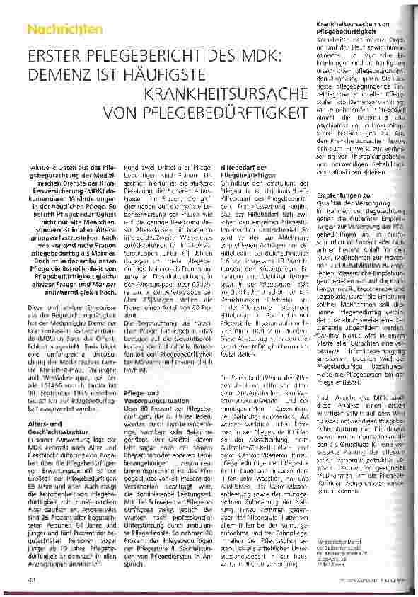Vorschauseite 1: Erster Pflegebericht des MDK: Demenz ist häufigste Krankheitsursache von Pflegebedürftigkeit