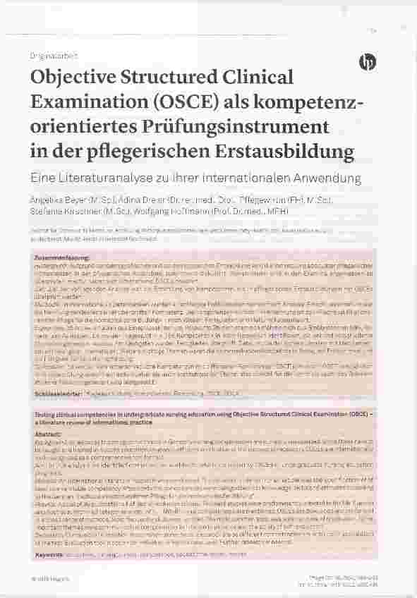 Vorschauseite 1: Objective Structured Clinical Examination (OSCE) als kompetenz-orientiertes Prüfungsinstrument in der pflegerischen Erstausbildung