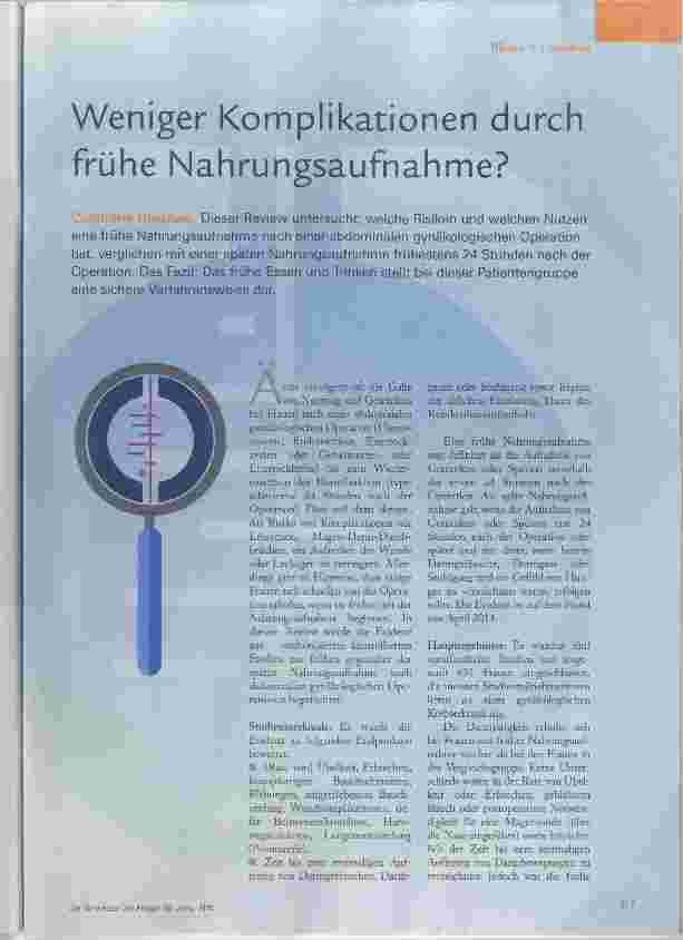 Vorschauseite 1: Weniger Komplikationen durch frühe Nahrungsaufnahme?