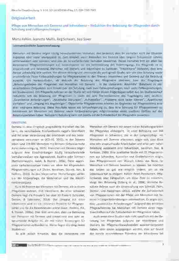 Vorschauseite 1: Reduktion der Belastung der Pflegenden durch Pflege von Menschen mit Demenz und Inkontinenz Schulung und Fallbesprechungen