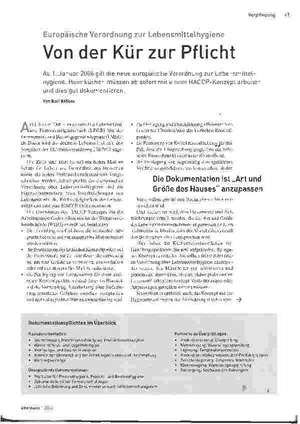 Vorschauseite 1: Europäische Verordnung zur LebensmittelhygieneVon der Kür zur Pflicht