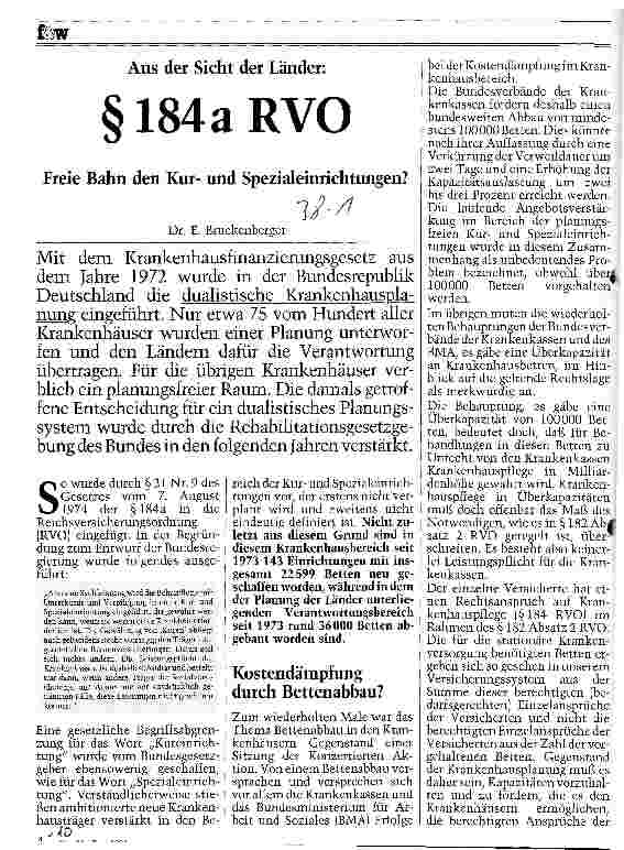 Vorschauseite 1: Aus der Sicht der Länder: Paragraph 184 a RVO Freie Bahn den Kurund Spezialeinrichtungen?