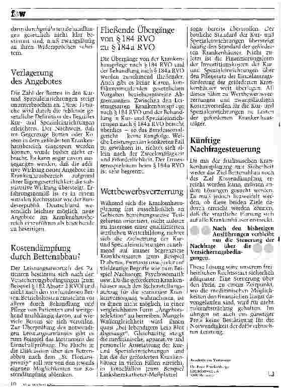 Vorschauseite 5: Aus der Sicht der Länder: Paragraph 184 a RVO Freie Bahn den Kurund Spezialeinrichtungen?