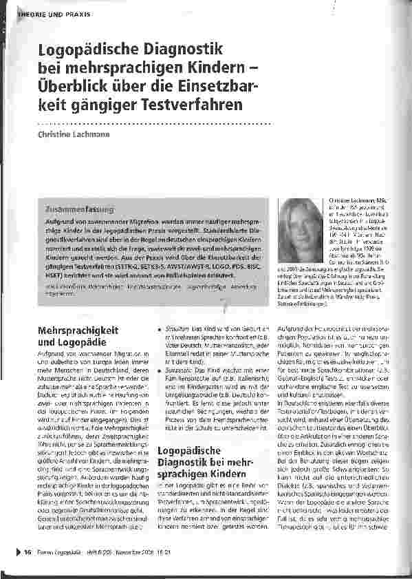 Vorschauseite 1: Logopädische Diagnostik bei mehrsprachigen Kindern -Überblick über die Ersetzbarkeit gängiger Testverfahren