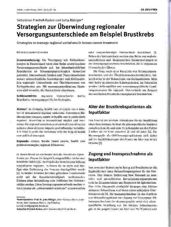 Vorschauseite 1: Strategien zur Oberwindung regionaler Versorgungsunterschiede am Beispiel Brustkrebs