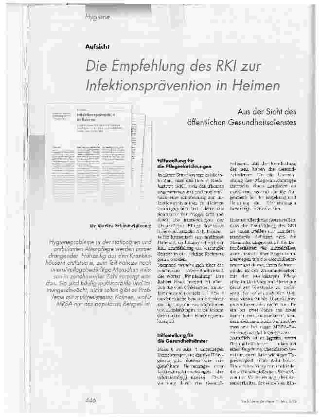 Vorschauseite 1: Die Empfehlung des RKI zur Infektionsprävention in HeimenAus der Sicht des öffentlichen Gesundheitsdienstes