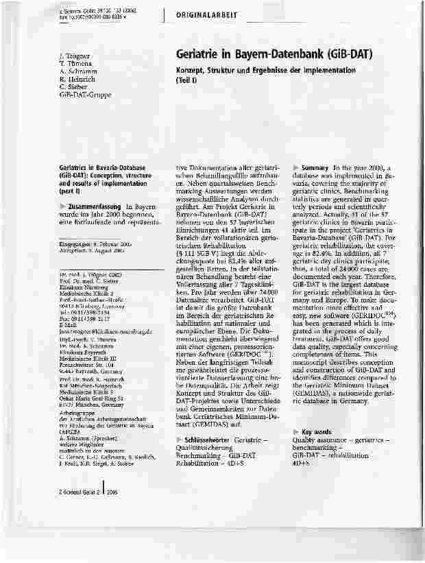 Vorschauseite 1: Geriatrie in Bayern-Datenbank (GiB-DAT)Konzept, Struktur und Ergebnisse der Implementation (Teil I)