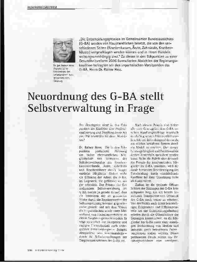 Vorschauseite 1: Neuordnung des G-BA stellt Selbstverwaltung in Frage