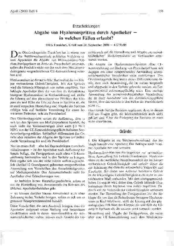 Vorschauseite 1: Abgabe von Hyaluronspritzen durch Apotheker in welchen Fällen erlaubt?