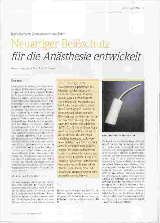 Vorschauseite 1: Neuartiger Beißschutz für die Anästhesie entwickelt