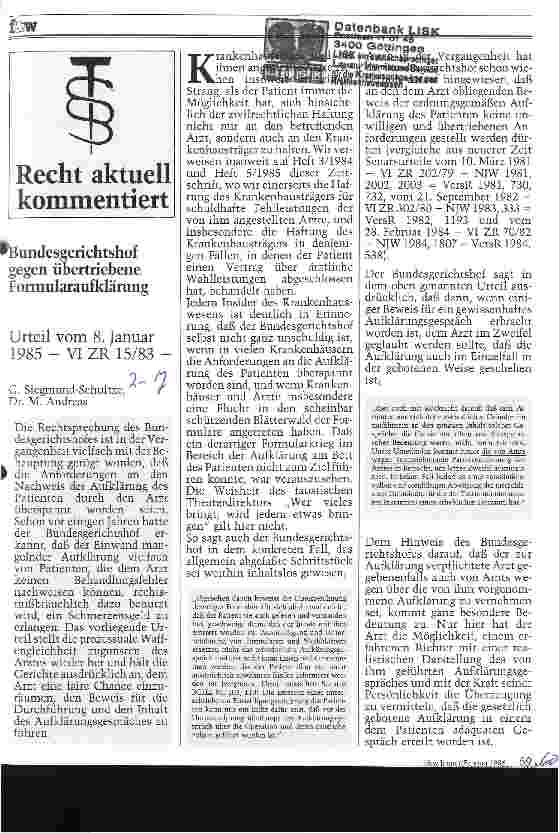 Vorschauseite 1: Bundesgerichtshof gegen übertriebene Formularaufklärung Urteil vom 8.Januar 1985
