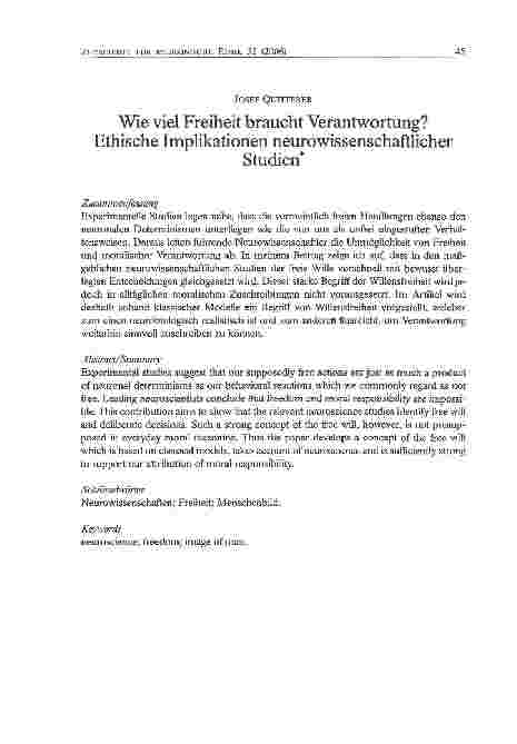 Vorschauseite 1: Wie viel Freiheit braucht Verantwortung? Ethische Implikationen neurowissenschaftlicher Studien