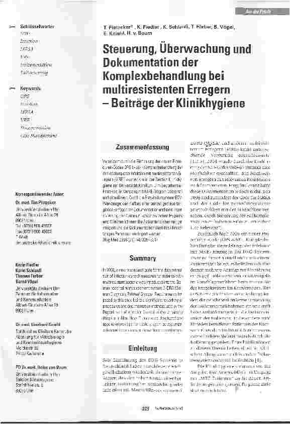 Vorschauseite 1: Steuerung, Überwachung und Dokumentation der Komplexbehandlung bei multiresistenten Erregern - Beiträge der Klinikhygiene