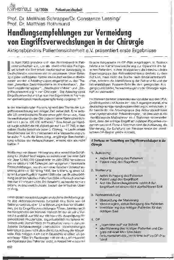 Vorschauseite 1: Handlungsempfehlungen zur Vermeidung von Eingriffsverwechslungen in der Chirurgie