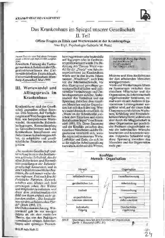 Vorschauseite 1: Das Krankenhaus im Spiegel unserer Gesellschaft II. Teil Offene Fragen zu Ethik und Wertewandel in der Krankenpflege