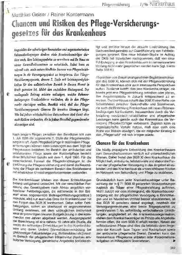 Vorschauseite 1: Chancen und Risiken des Pflege-Versicherungsgesetzes für das Krankenhaus
