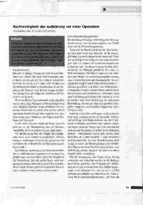 Vorschauseite 1: Rechtzeitigkeit der Aufklärung vor einer OperationOLG Koblenz vom 15.12.2005 (5 U 676/05)