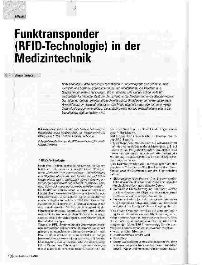 Vorschauseite 1: Funktransponder RFID-Technologie) in der Vledizintechnik