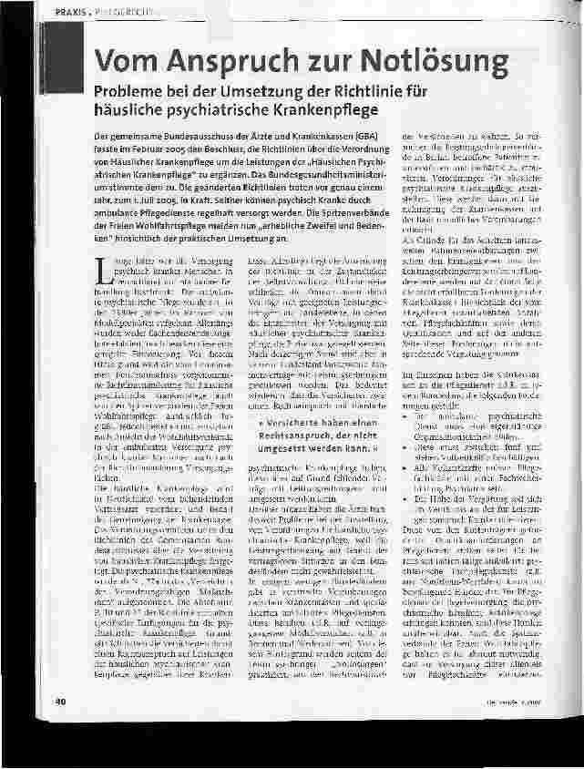 Vorschauseite 1: Vom Anspruch zur NotlösungProbleme bei der Umsetzung der Richtlinie für häusliche psychiatrische Krankenpflege