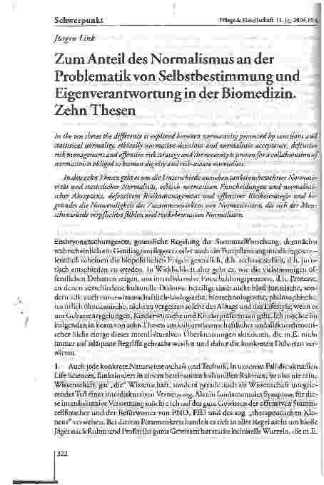 Vorschauseite 1: Zum Anteil des Normalismus an der Problematik von Selbstbestimmung und Eigenverantwortung in der Biomedizin. Zehn Thesen