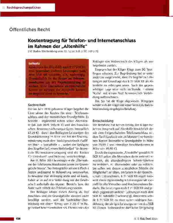 Vorschauseite 1: Kostentragung für Telefonund Internetanschluss im Rahmen der „Altenhilfe