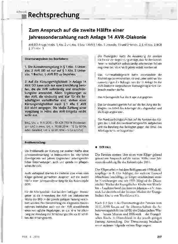 Vorschauseite 1: Zum Anspruch auf die zweite Hälfte einer Jahressonderzahlung nach Anlage 14 AVR-Diakonie