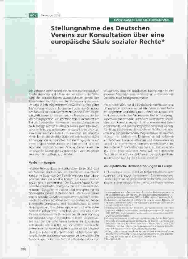 Vorschauseite 1: Stellungnahme des Deutschen Vereins zur Konsultation über eine europäische Säule sozialer Rechte