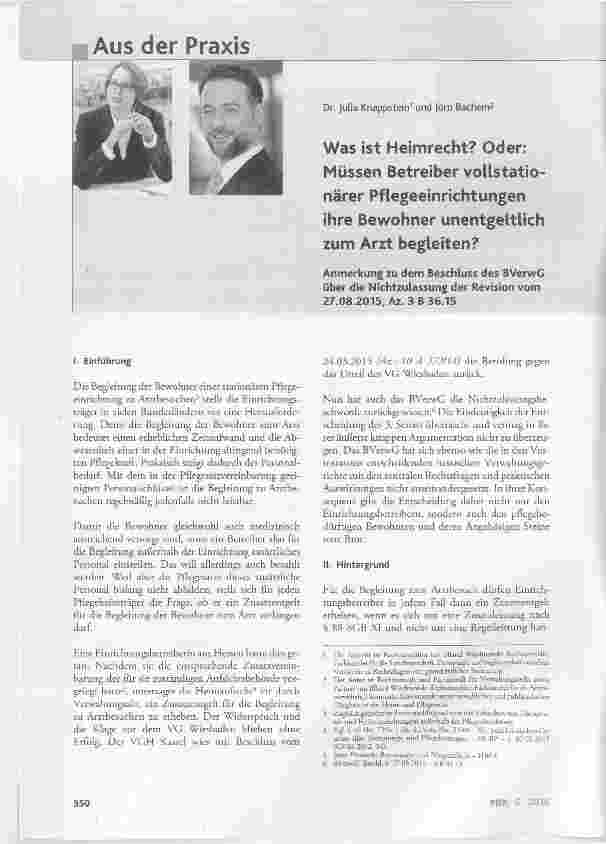 Vorschauseite 1: Was ist Heimrecht? Oder: Müssen Betreiber vollstationärer Pflegeeinrichtungen ihre Bewohner unentgeltlich zum Arzt begleiten?