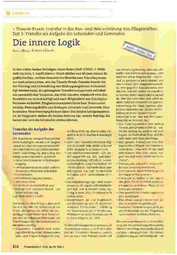Vorschauseite 1: Theorie-Praxis-Transfer in der Ausund Weiterbildung von Pflegekräften. Teil 3: Transfer als Aufgabe der Lehrenden und Lernenden. Die innere Logik